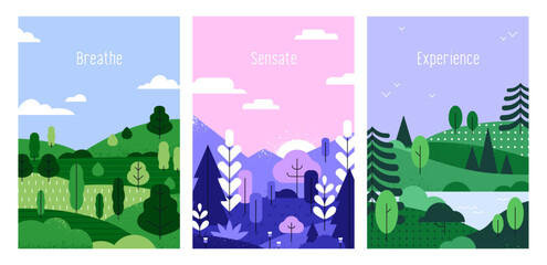 Nature cards set. Summer landscape, postcard backgrounds. Countryside environment posters, forest, trees, grass, plants, hills, mountain, sky. Creative flat vector illustrations in modern style - 745636172