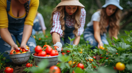 a group of people picking tomatoes