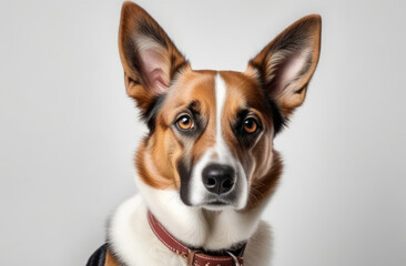 Portrait of a smooth-haired dog in a collar on a light background.