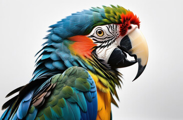 Portrait of a multi-colored macaw parrot on a light background.