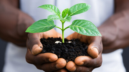 a person holding a plant in dirt