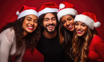 Multicultural group of happy young people on New Year or Christmas party, wearing red santa hats, smiling on red  studio backgrounds