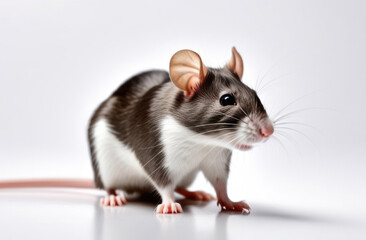 Gray-white rat on a light background. Pet, rodent.