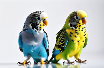 Two multi-colored budgies or Melopsittacus undulatus on a light background, close-up.
