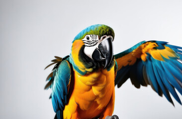 Blue and yellow macaw parrot with a raised wing on a light background.