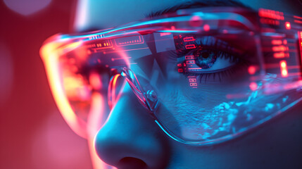 Woman wearing VR glasses exploring AI technology concepts.