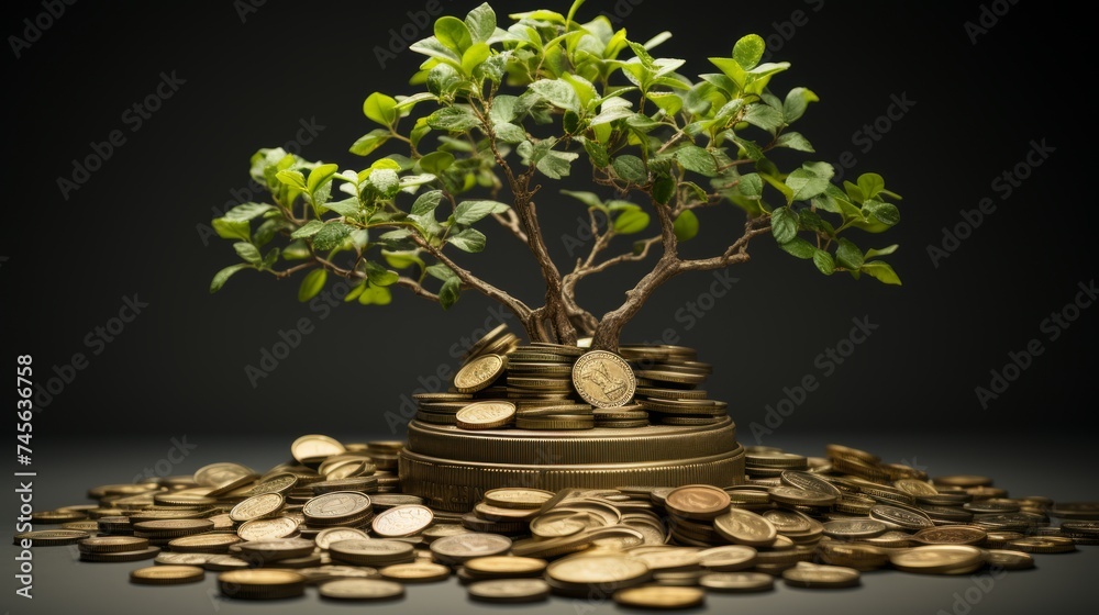 Poster Generative AI Hyper-realistic scene presenting a tree on a white background symbolizing the potency of capital growth positioned next to a coin. Lifelike and detailed representation illustrating the i