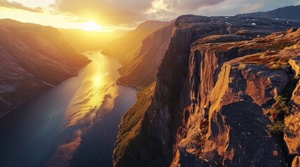 Generative AI conic fjord landscapes, drone's perspective, golden hour tones, rugged cliffs, photorealistic sunset over Norwegian fjords