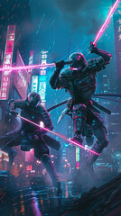 Robots and samurai clashing in a dynamic fight scene neon Tokyo backdrop high intensity action