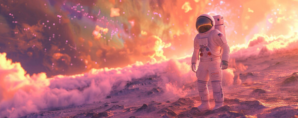 Astronaut exploring an alien landscape with distant galaxies overhead surreal colors high detail