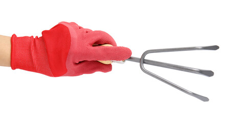 Woman in gardening glove holding rake on white background, closeup