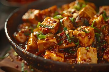 Indulge in the bold and spicy flavors of Mapo Tofu, a signature dish in Chinese cuisine renowned for its captivating taste.