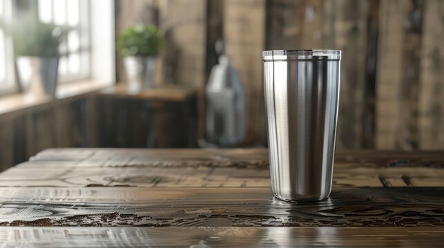 Metal glass or stainless steel tumbler on a wooden table