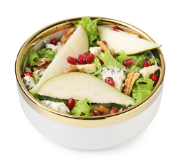 Delicious pear salad in bowl isolated on white