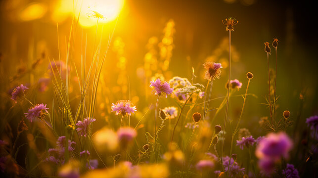 serene view of purple wildflowers basking in the warm glow of a setting sun in a tranquil countryside field - Nature background - Generative AI