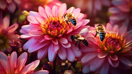 Generative AI Macro photograph of bees collecting nectar from colorful flowers in a garden. - obrazy, fototapety, plakaty