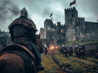 A medieval knight on horseback leads a cavalry towards a castle under siege, with the scene set against a dramatic, cloudy sky. - obrazy, fototapety, plakaty
