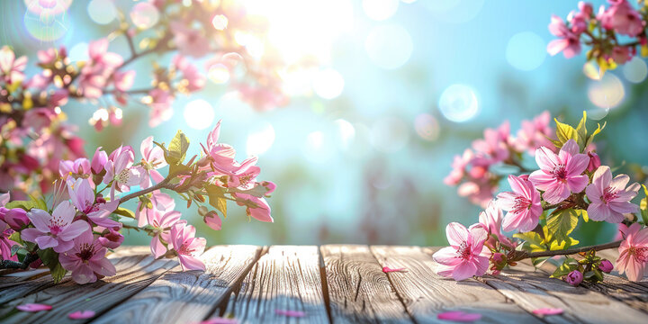 Empty wooden table for product demonstration and presentation against the backdrop of spring blooming garden.Beautiful pink cherry blossom. Banner. Copy space. Mock up