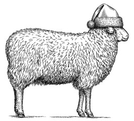 Vintage engraving isolated lamb set dressed christmas illustration ram ink santa costume sketch. Farm animal sheep background mutton silhouette new year hat art. Black and white hand drawn image