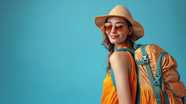 Happy young Asian tourist woman wearing beach hat, sunglasses and backpacks going to travel on holidays on blue background.