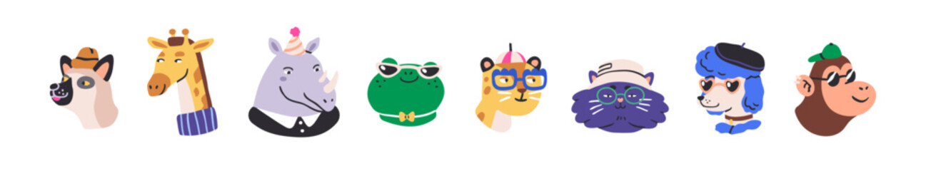 Cute animal characters, funny head portraits set. Modern cool sassy avatars. Happy funky fashion stylish giraffe, frog, cat, dog, monkey faces. Flat vector illustrations isolated on white background - 745637943
