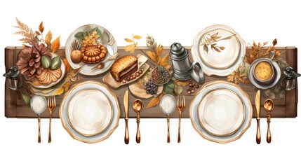 Generative AI Miniature digital sticker set depicting a lavish Thanksgiving dinner table with atmospheric watercolor hues, emphasizing bronze cutlery and white table settings in a cottagepunk style.