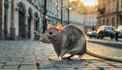 A cute rat on the street , historical town, rodent