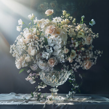 Bouquet de fleurs blanche dans vase en cristal