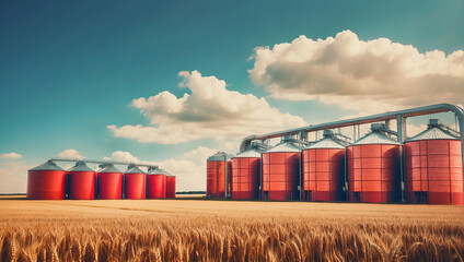 Silos in a wheat field Storage of agricultural product - obrazy, fototapety, plakaty