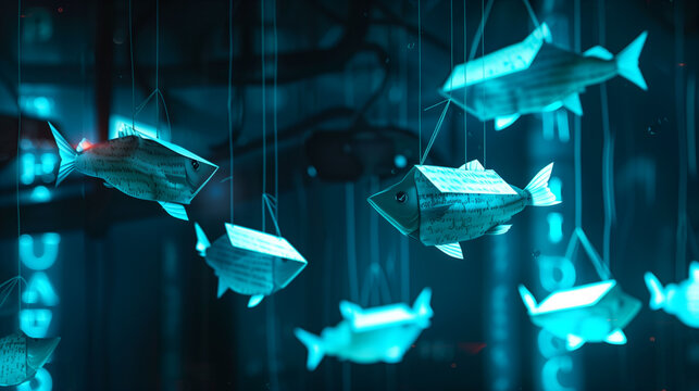 Cyber ​​crime. Phishing. Fake message. Illustration of a message written on the body of a paper fish to commit data theft in cyberspace. luring victims with false messages