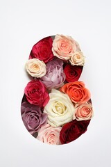 8 March greeting card design with roses , top view. Happy International Women's Day