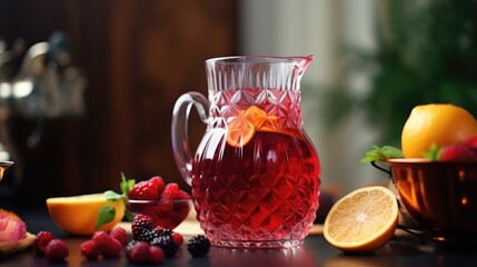 Raspberry juice or cocktail on a dark background. A refreshing cool drink, lemonade or iced tea in a glass.