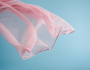 Flying pink fabric wave on blue background, flowing waving silk fluttering cloth, generative ai