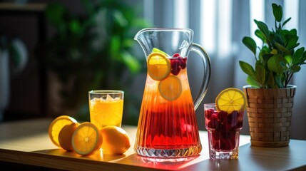 Juice or compote in a glass, jug of various fruits and berries on the table. A refreshing refreshing drink. A healthy organic drink. Proper nutrition and diet.