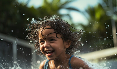 Fototapeta premium Happy kids are playing in the water, splashing and having fun