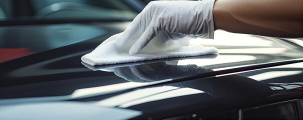 Man is detailing car with microfiber cloth, car cleaning and detailing concept