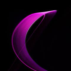 Pink and purple glowing neon wave of light with smooth stripes on black background, square. Abstract background with motion light effect in hipster style.