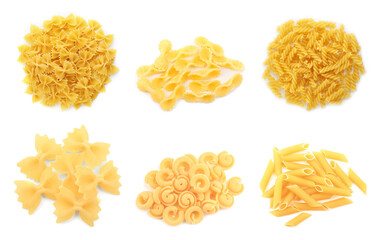 Different types of pasta isolated on white, set
