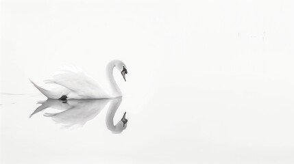 Swan glides gracefully over still waters, its perfect reflection creating a symmetrical vision of tranquility in a minimalist setting