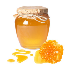 Natural honey in jar and piece of honeycomb on white background