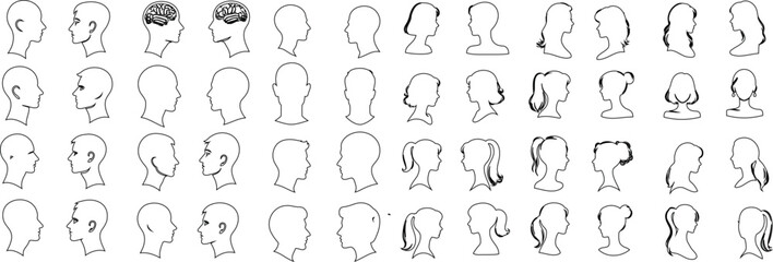 Cameo Silhouette collection, diverse profiles. Ideal for identity, character design visuals. Men, women showcasing various hairstyles, features. Variety in shapes, sizes of heads, hairstyles depicted

