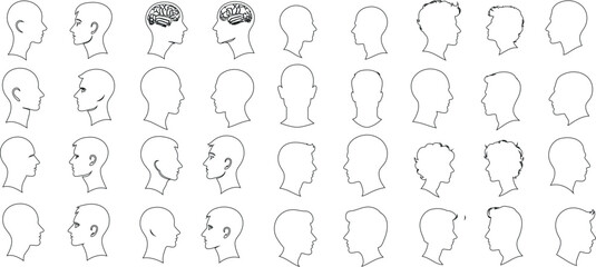 Cameo Silhouette collection, diverse profiles. Ideal for identity, character design visuals. Men, women showcasing various hairstyles, features. Variety in shapes, sizes of heads, hairstyles depicted
