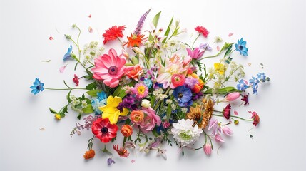 Spring flowers in full bloom, presenting a vivid tapestry of colors and textures on a clean white background.