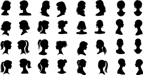 Cameo Silhouette collection, diverse profiles. Ideal for identity, character design visuals. Men, women showcasing various hairstyles, features. Variety in shapes, sizes of heads, hairstyles depicted
