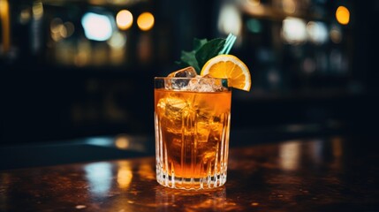 Juice from a ripe orange on a dark background. A refreshing soft drink, lemonade or smoothie in a glass.A healthy organic drink. Proper nutrition and diet.