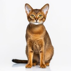 Fototapeta na wymiar Realistic photo of a Abyssinian cat on a white background, ticked coat, curious expression, active and playful temperament Generative AI