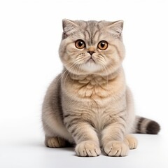 Realistic photo of a Scottish Fold cat on a white background, folded ears, sweet expression, adorable and endearing look Generative AI