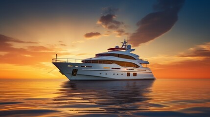 Realistic photo of a deluxe yacht anchored during sunset, well-off vacationers savoring the view, extravagant settings, and the warm glow of the setting sun Generative AI - Powered by Adobe