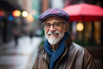 Portrait of a senior man with glasses and cap in the city