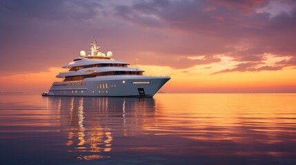 Realistic photo of a high-end yacht anchored at dusk, affluent vacationers savoring the sunset, lavish amenities on board, serene and upscale atmosphere Generative AI - obrazy, fototapety, plakaty